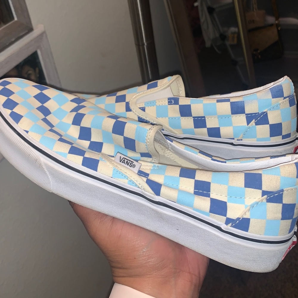 Blue checkered slip on vans